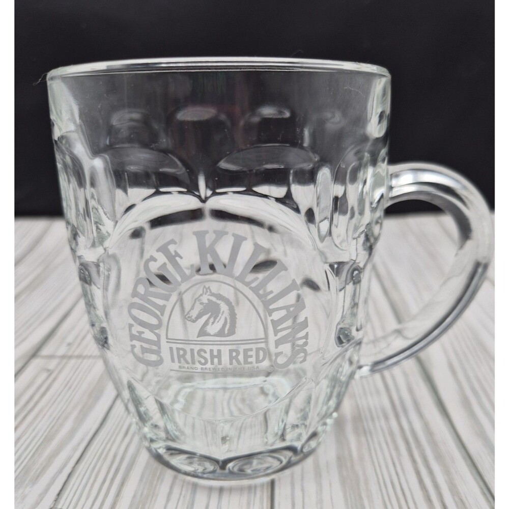 George Killians Irish Red Beer Mug Etched Logo Heavy Dimple Glass Stein USA 16oz